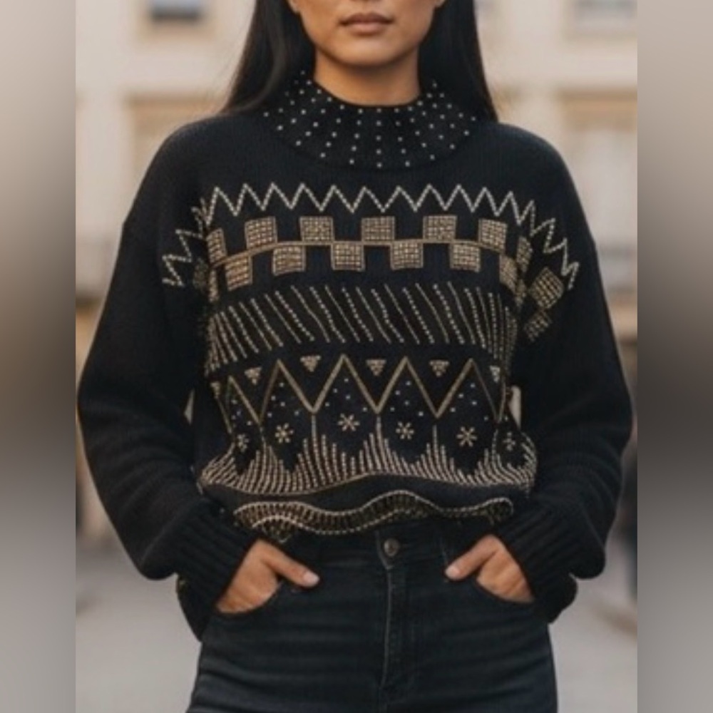 Victoria Jones vibtage ramieBlack embellished jeweled Sweater